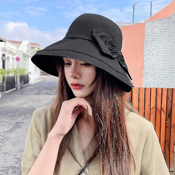 Dame Solid Farve Sløjfe Bred Skygge UV Beskyttelse Sommer Solhat Spand Hætte（Khaki）