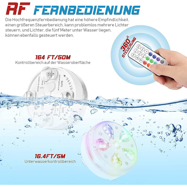 Vanntett LED nedsenkbar bassenglys med RF-fjernkontroll, timer, 16 LED-er, sugekopp og magnet for basseng, akvarium, vase, fest (4)