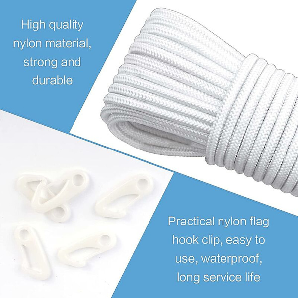 20m Nylon Flaggstång Rep 6mm tjock Vit Flaggstång Halyard Rep med Klämmor Hållbar multifunktionell nylonrep för flaggsegling Riggning