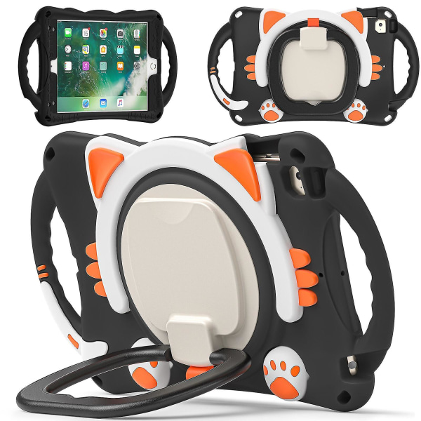 Nyt kattedesign etui til iPad Mini 1/2/3/4/5 med skulderrem, to håndtag, 360 roterende stativ, stødsikkert design（sort orange）