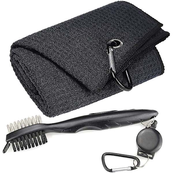 Mikrofiber våffelmönstrad tri-fold golfhandduk | Borste verktygssats med klubbslitsrengörare, infällbar förlängningssladd och klämma, svart