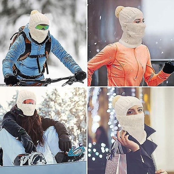 Vinter varm strikket capneck varmesett, fleksibel strikket lue lue med hårball, justerbar maske for kvinner for utendørs sport Beige