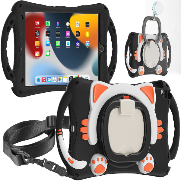 Nyt kattedesign etui til iPad 10,2 tommer 2019/2020/2021 med skulderrem, to håndtag, 360 roterende stativ, stødsikkert design（sort orange）