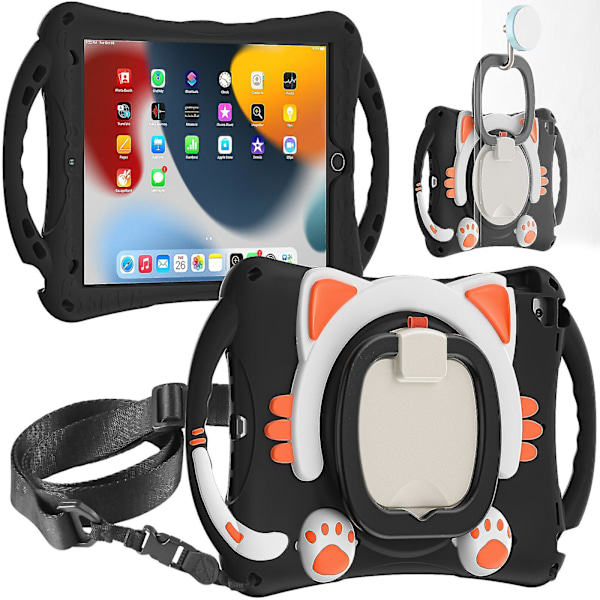 Nytt kattdesignfodral för iPad 10,2 tum 2019/2020/2021 med axelrem, två handtag, 360 roterande stativ, stöttålig design (svart orange)
