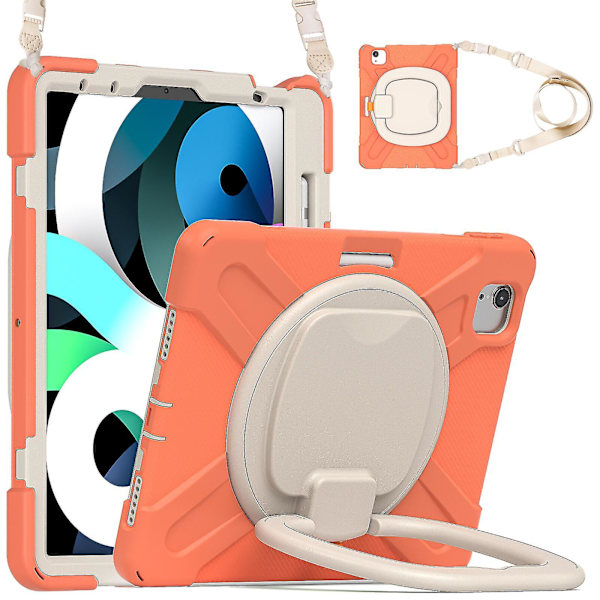 Nytt deksel for iPad Air4 10,9 tommer med skulderstropp, roterende stativ, pennholder (koralloransje)