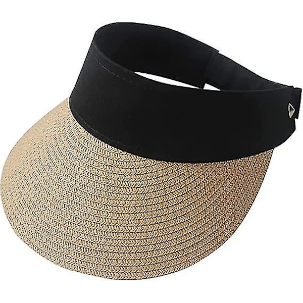 Kvinnors bredbrättade solhatt av halm, hopfällbar strandhatt för kvinnor, sommarhatt med upprullad hästsvans, beige