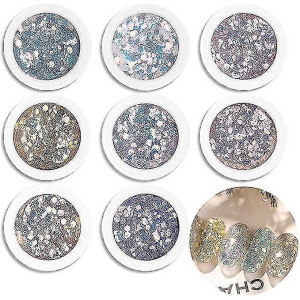 8 lådor/ set Nail Glitter Paljetter Powder, 3d Holographic Sparkle Nail Art Glitters Mermaid Powder Fla