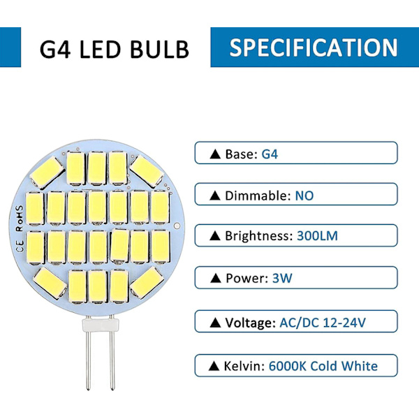 G4 LED-pære 3w, Ac/dc12-24v, 300lm koldt hvidt 6000k, 24x5730 Smd, 30w halogenpæreækvivalent, ikke-dæmpbar, G4 runde LED-pærer, 6 stk.