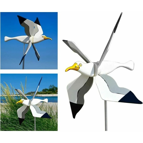 Trädgårdsresin väderkvarn Vit mås spinnande vingar Djurväderflöjel 3D vindspinnare dekoration för gräsmatta