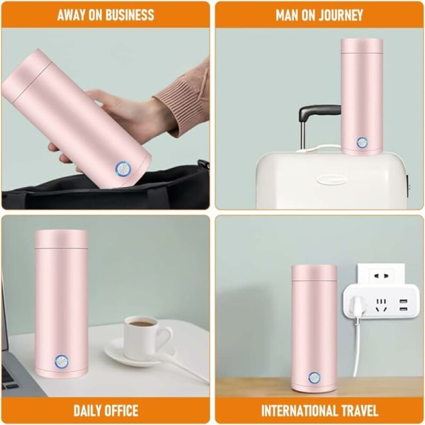 Vattenkokare, 400 ml resevattenkokare, 3 i 1 mini vattenkokare och mini termos, 300W vattenkokare i rostfritt stål för temjölk Kaffe automatisk avstängning (rosa) - MODOU