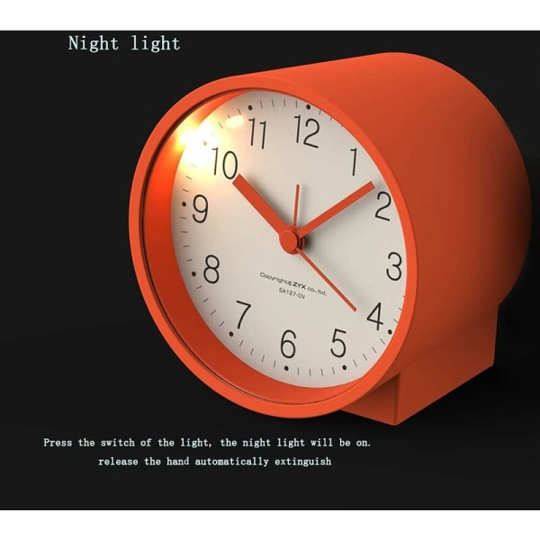 Batteridriven analog väckarklocka, tyst, icke-tickande, ökande pip, snooze (orange)