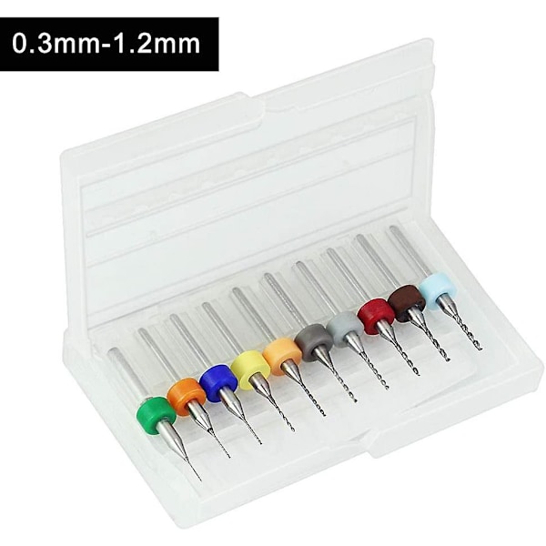 10 kappaleen sarja mikrokarbidipiirilevyporanteriä 0,3 mm - 1,2 mm halkaisijaltaan, 1/8 tuuman varsi, minikartiopora tarkkuustyökalu laatikossa