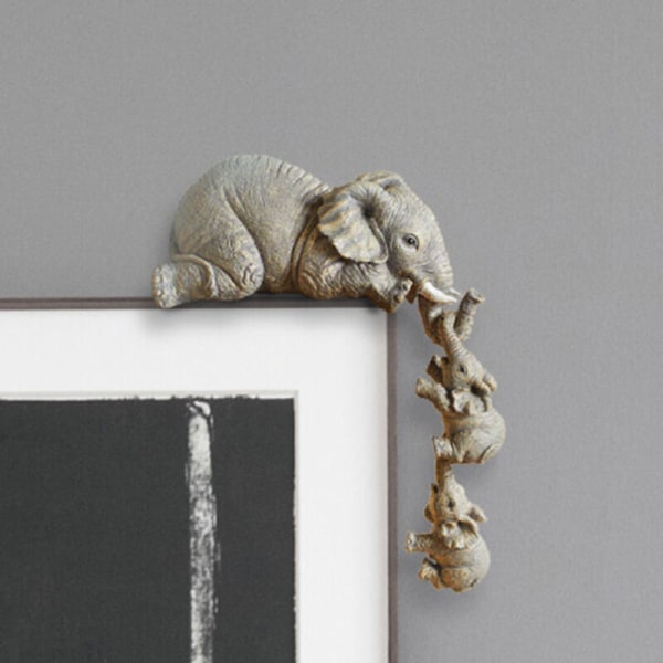 Ornament elefant dekoration, elefant staty, dekorativ staty elefant och 2 baby elefanter, elefant dekorativ skulptur prydnad, brungrön