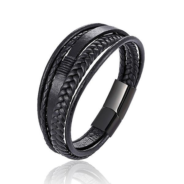 Läder Spänne Handvävda Flerskikts Herr Armband [Svart Silver Spänne]