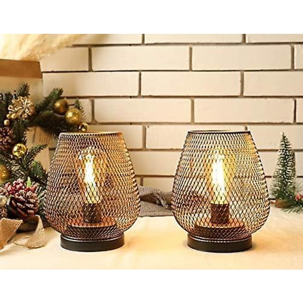 Set med 2 metallbur bordslampa batteridriven sladdlös accentljus med LED Edison-stil glödlampa för sovrum, hem, bröllop, fest, uteplats, inomhus