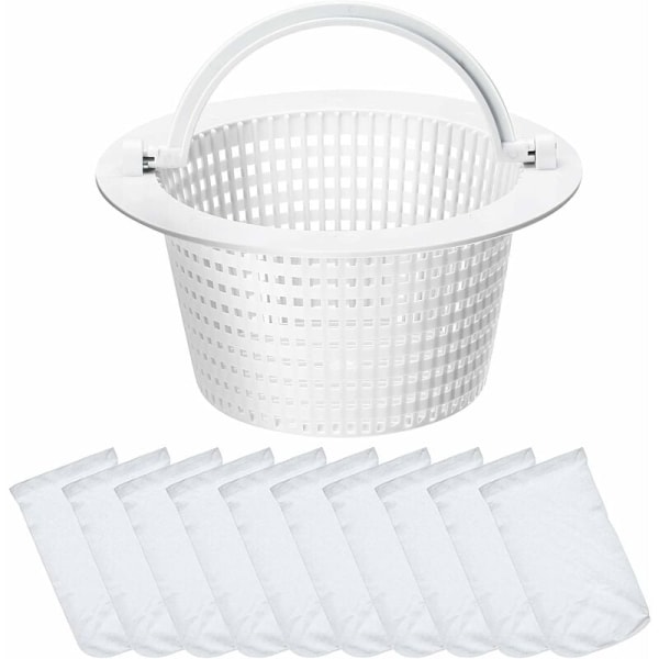Skimmerkorg Standard Liten Filterkorg med 10 Pool Skimmerstrumpor Hållbart Elastiskt Nylontygfilter (Vitt Handtag)