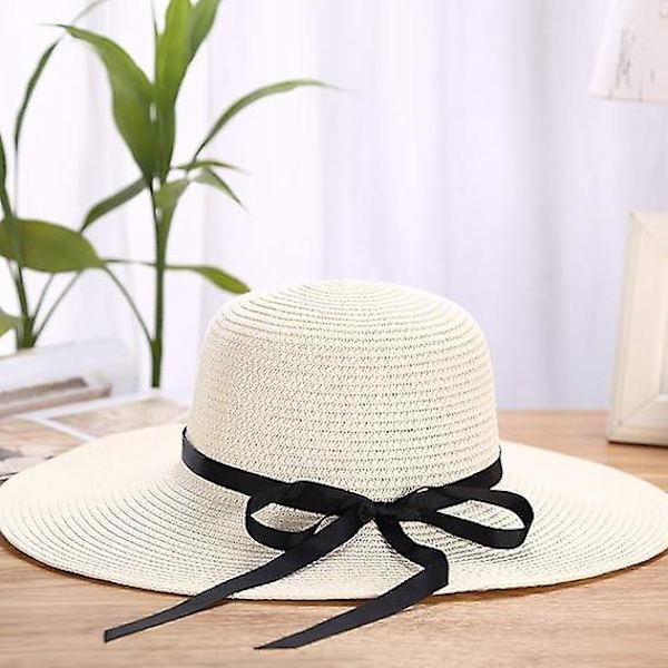 Kvinnors Halmhatt Sommar Bowknot Strand Fällbar Hattar Uv-skydd Bred Brätte Floppy Damer Herrar Halm Solhatt Packable Semester Strand Vit（vit）