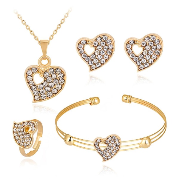 4 stk. i 1 sæt Valentinsdag Rhinestone Øreringe Sæt Fashion Love Heart Design Armbånd Kreativ Stud Dangler Legering Halskæde Ring Smykker Dekoration Til W