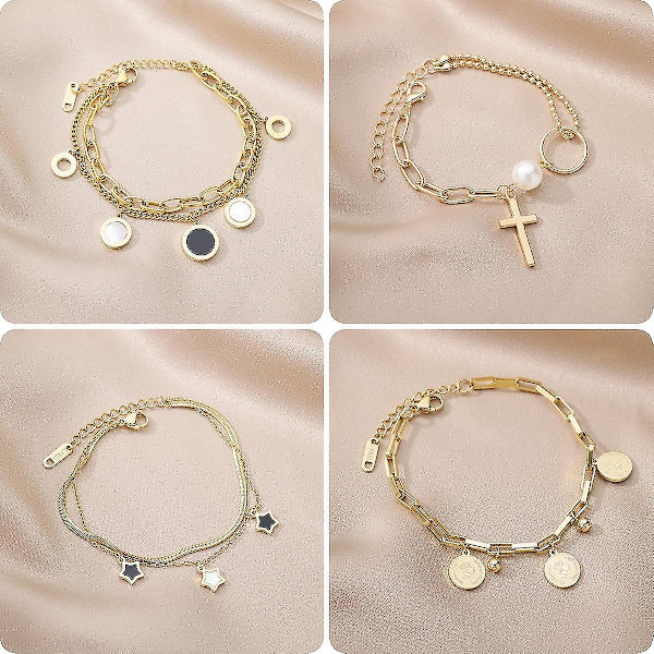 Rustfrit stål lagdelt gyldent vedhæng armbånd til kvinder Retro Punk gotisk portræt skal mønt kors perle tyk kæde armbånd（7）
