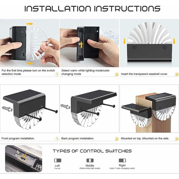 Solcells LED utomhusvägglampa, 4-pack stigljus, solcells färgskiftande LED trädgårdsstaketlampa, trappstegslampor, trädgårdsstigar Mura