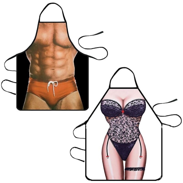 Roliga förkläden 2-pack Sexiga roliga nyhetsköksförkläden Par bälteshaklappar för män kvinnor Hem kök Matlagning BBQ