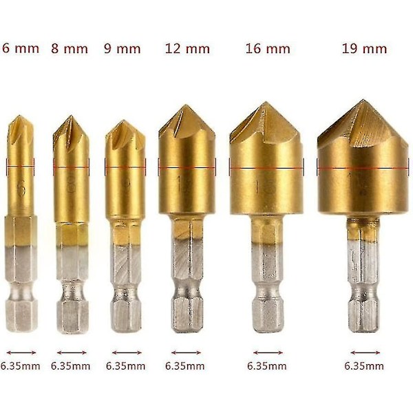 6 st HSS Fasavskärare 90 Grader 5 Spår Fasavskärare Hålskärare Titanbelagd Sänkskruv 1/4\" Träbearbetningsborr Sexkantskaft 6mm 8mm 9m
