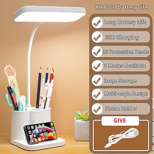 Lampe De Table Led USB Avec Rangement De Stylo, Protection Des Yeux, Variateur En Continu, Lampe De Bureau Pour Enfants - lataus Xh4000