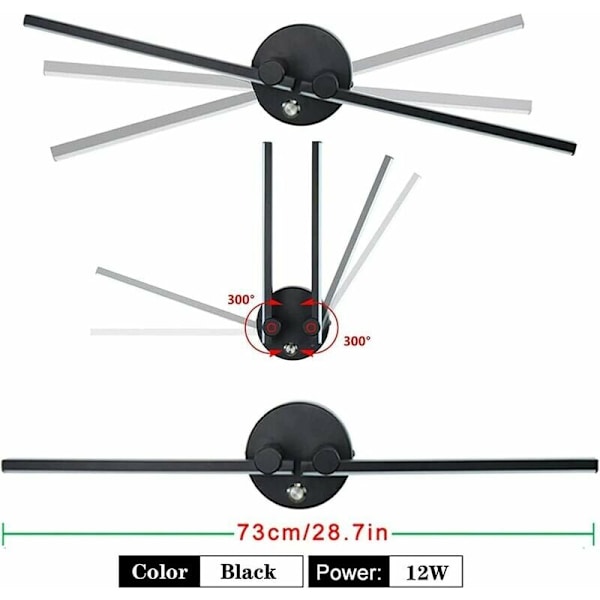 Badrumsvägglampa med strömbrytare 2 glödlampor 12W LED för badrumsspegel 73cm Dubbel LED-lampa Justerbar arm 300° (Svart 3000K)