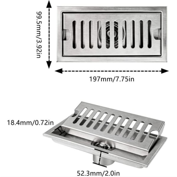 BF Duschbrunn 20*10cm Rektangulär Golvbrunn Silver Golvbrunn med Rostfritt Stålnät Lämplig för Toalett Badrum Kök Balkong