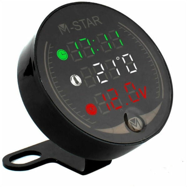 4 i 1 Motorcykel ATV Voltmeter + Elektronisk Klocka + Termometer + Stoppur Digital LED Temperatur Spänningsdetektor Svart