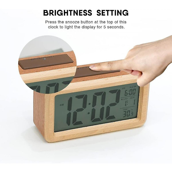 Batteridrevet LED-vækkeur i træ, smart sensor nattelys, med snooze, dato, temperatur, 12/24 timer omskiftelig, (træ)