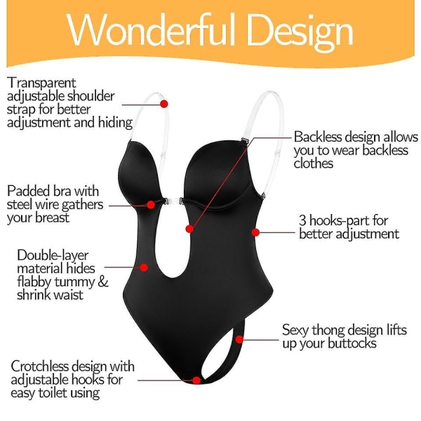 Kvinnors rygglösa Shapewear Bodysuit med djup V-ringad osynlig Svart S
