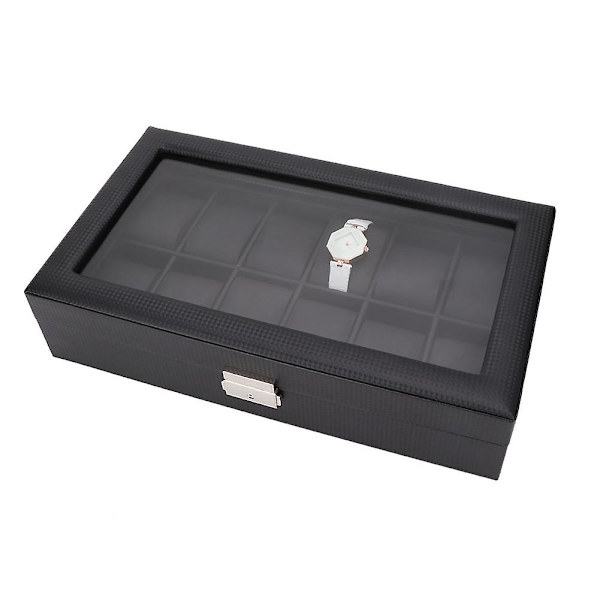 12 Slot Urkasse Læderboks Display Case Organizer Høj Kvalitet Smykkeopbevaring Sort