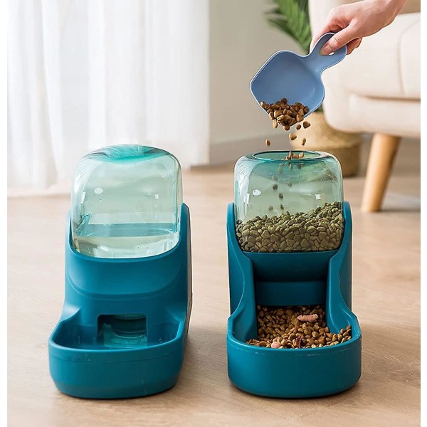 Torrfoder- och vattenautomat, vatten (3,8 l) och foder (1,5 kg) automat för hundar och katter, plast, husdjursvattenautomat, husdjursskål (matautomat, grå)