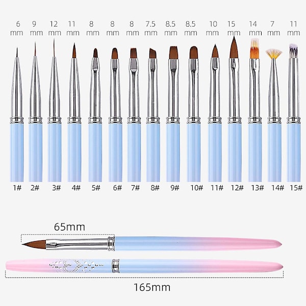 15-delt sett med neglekunstpensler, fargerike penner, detaljerte design, malingsverktøy