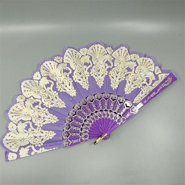 Plastic folding fan exquisite peacock lace fan ladies dance Wing Chun bronze fan, purple