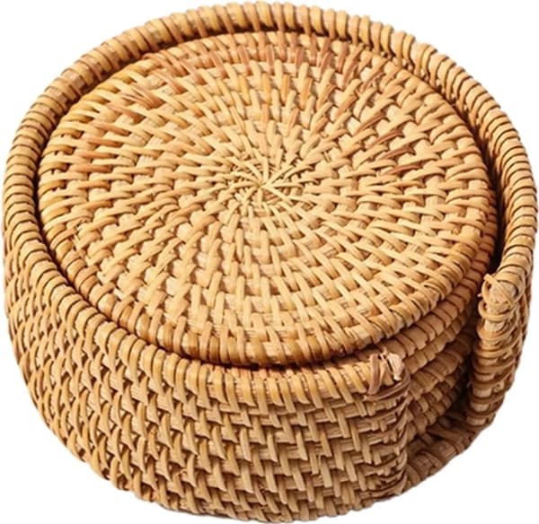 Förpackning med 6 rottingunderlägg med förvaringskorg, 10 cm diameter
