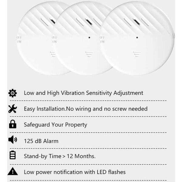 Glasbrytningsdetektor, fönsterlarm med 125dB larm, glasvibrationssensorlarm (3 st)