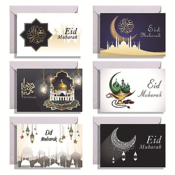 6 st print Eid Mubarak gratulationskort med kuvert och klistermärken Muslimska semestervikbara ramadaninbjudningskort（A）