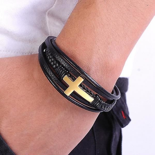 Cross Style Multilayer Design Rustfrit Stål Fashion Herrearmbånd Herre Klassisk Gave（guld）