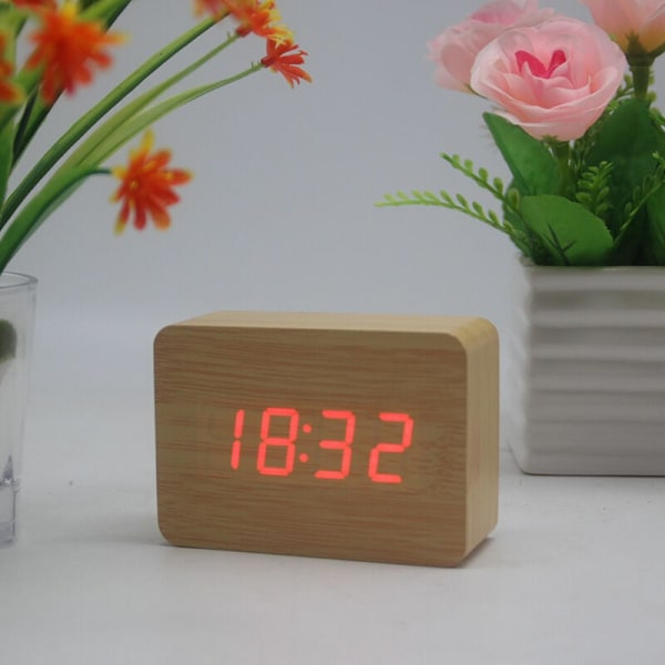 Bordsklocka Tid/Datum/Temperatur Väckarklocka Brun Konstläder Röd LED Bambu Röd Bokstav