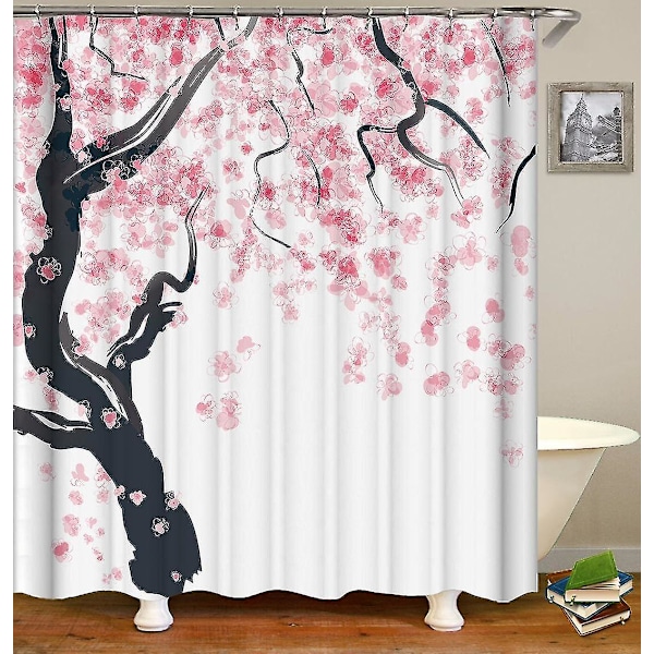 Blomster bruseforhæng, 180 cm x 200 cm, pink sort, kirsebærblomst træ, stof badeværelse indretning sæt wit