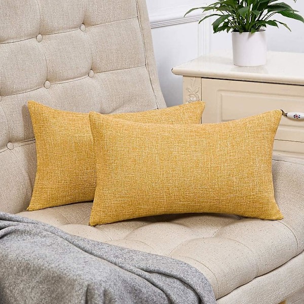 Set med 2 høstgule pynteputer i rustikt lin, dekorative pynteputer 12x20 tommer for sofa og sofadekorasjon