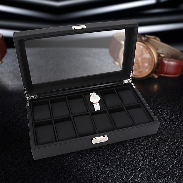 12 Slot Urkasse Læderboks Display Case Organizer Høj Kvalitet Smykkeopbevaring Sort