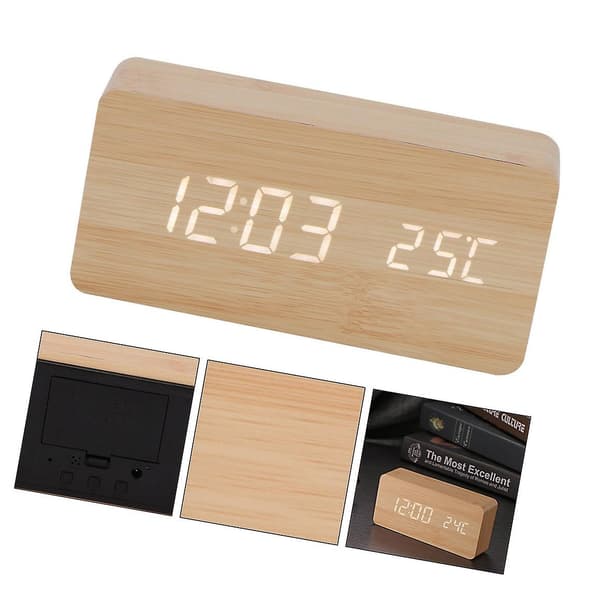Rektangulär Usb/aaa Dubbel Visning Led Trä Digital Väckarklocka(Rektangel+bambu Trä)
