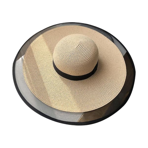 Kvinde Hat Flettet Bred Skygge Boheme Mesh Patchwork Solbeskyttelse Strand Cap Til Udendørs (Beige)