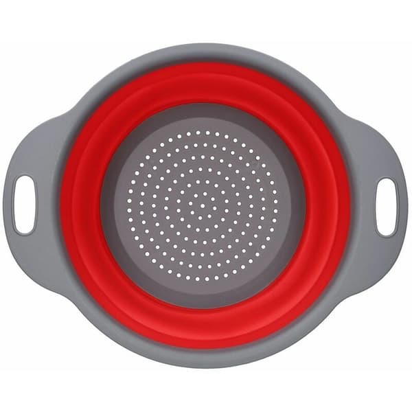Hopfällbart durkslag, runt durkslag med 24 cm diameter, röd/grå