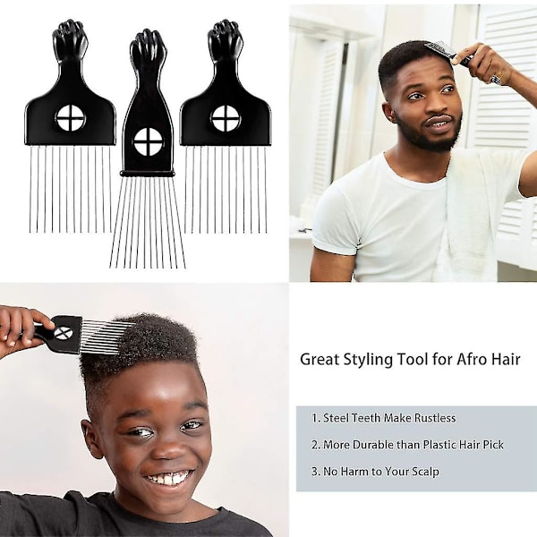 3-pack metallhårplock - bredtandad afrokam för män, hårplock för lockigt hår för kvinnor, lyftkamverktyg för perukfläta, hårstyling