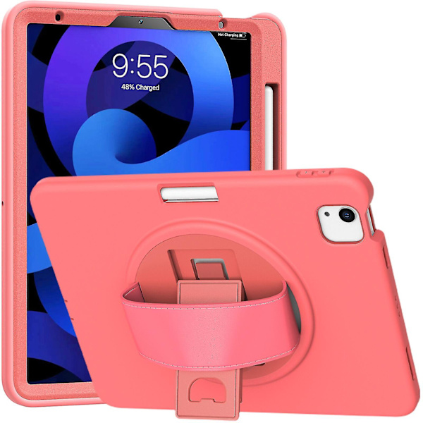 Nytt korallrødt etui for iPad Air4 10,9 tommer med håndstropp, justerbart stativ, pennholder (koralloransje)