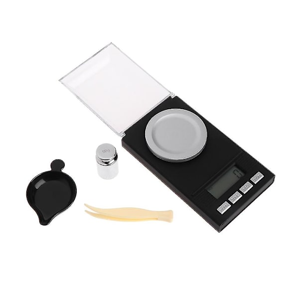 Vægt med kalibreringsvægte, pincet, vejeskåle, LCD-display, 50 g